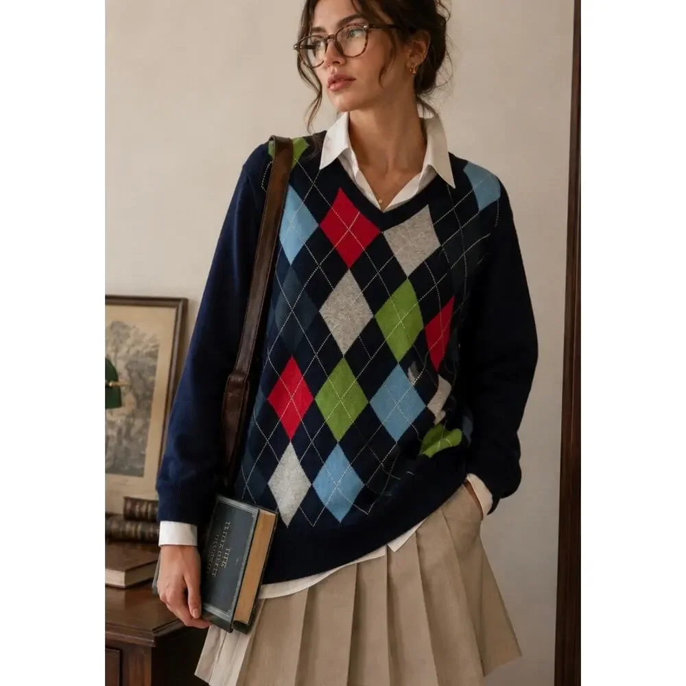 Vintage Old Navy Argyle knit sweater crewneck old money country club Y2K Prep M